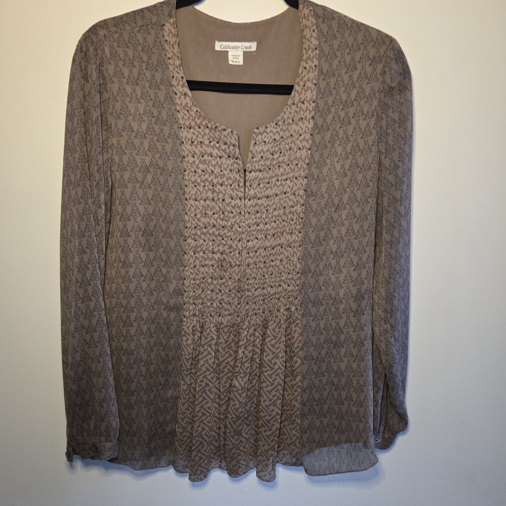 Coldwater Creek Medium 10-12 Smocked Beaded Front 2 Layer Brown Navy Maroon